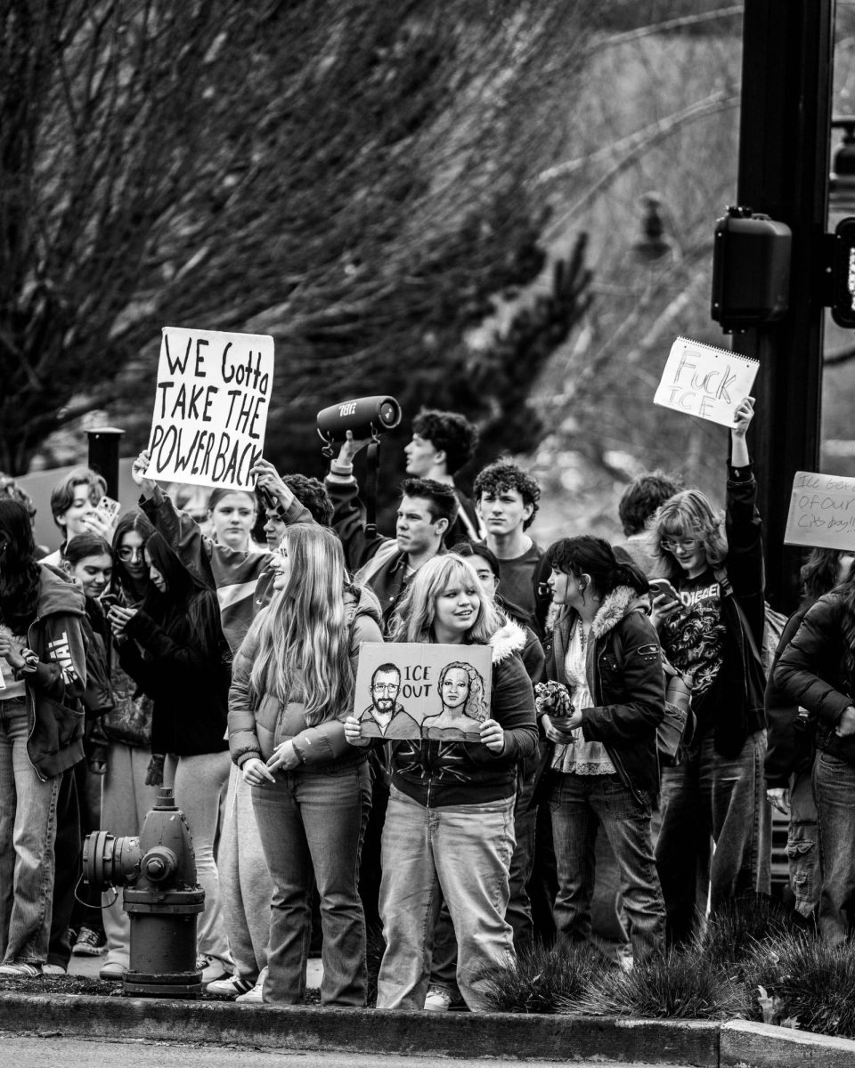 LHS students take a stand against I.C.E. on the street during school walkout on Feb. 13, 2026.